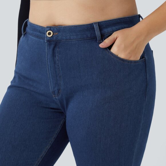 NWT HALARA 1X BLUE FLEX MIDRISE BUTTON ZIP POCKETS STRETCH KNIT FLARE JEANS - Picture 3 of 5